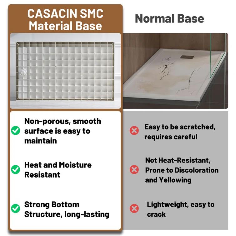 CASAINC 60"W 30/32"D Single Threshold SMC Shower Base Anti-Slip Shower Pan with Drain Assembly & Drain Cover CABR2501WH6030L