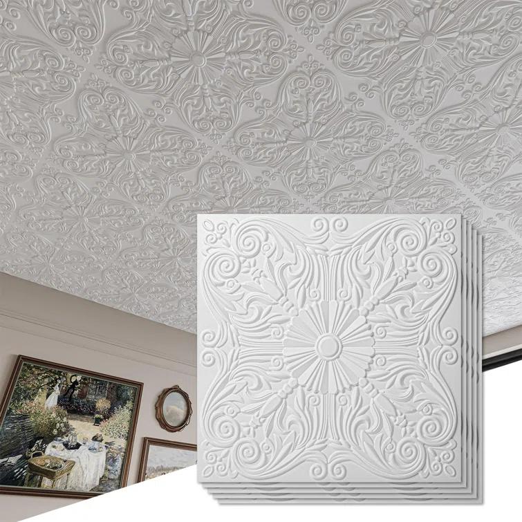 Art3d Art3d Decorative Ceiling Tile 2x2 Glue up, Lay in Ceiling Tile 24x24 Pack of 12pcs Spanish Floral in Matt White