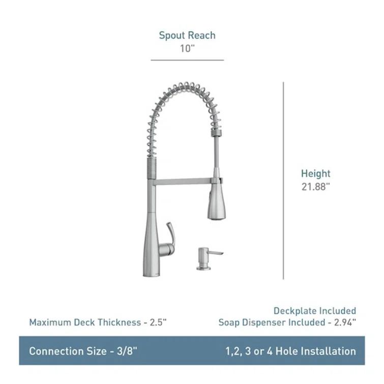 Moen Essie Pre-Rinse Spring Pull Down Single Handle Kitchen Faucet with Power Clean Technology and Soap Dispenser
