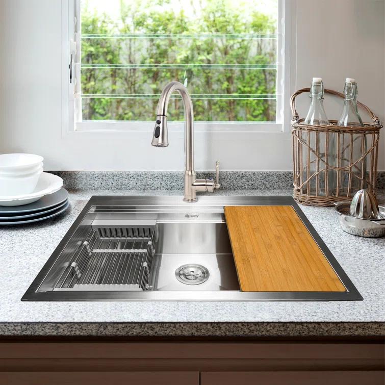 Topmount 30" L x 22" W Drop-In Kitchen Sink with Faucet and Basket Strainer