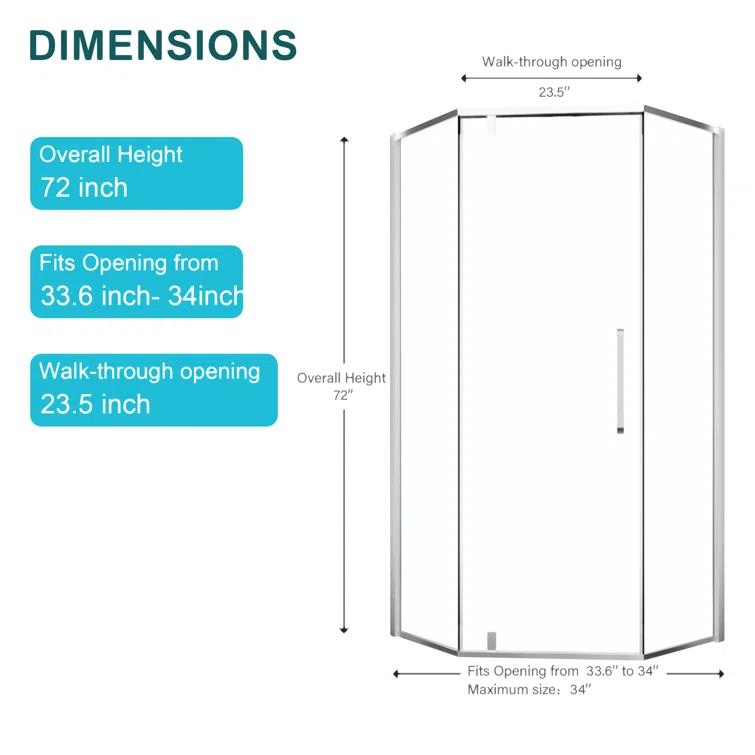 Audiohome Shower Door 34-1/8" X 72" Semi-Frameless Neo-Angle Hinged Shower Enclosure AHYTD-W124366340
