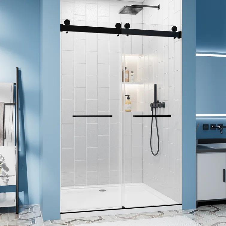 Rizzon 56-60 " W X 76 " H Double Sliding Frameless Shower Door  5/16" Tempered Glass, Stainless Steel Hardware | Wayfair
