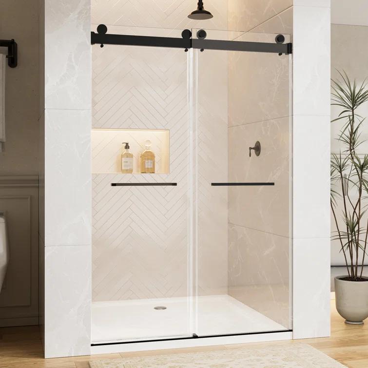 Rizzon 56-60 " W X 76 " H Double Sliding Frameless Shower Door  5/16" Tempered Glass, Stainless Steel Hardware | Wayfair