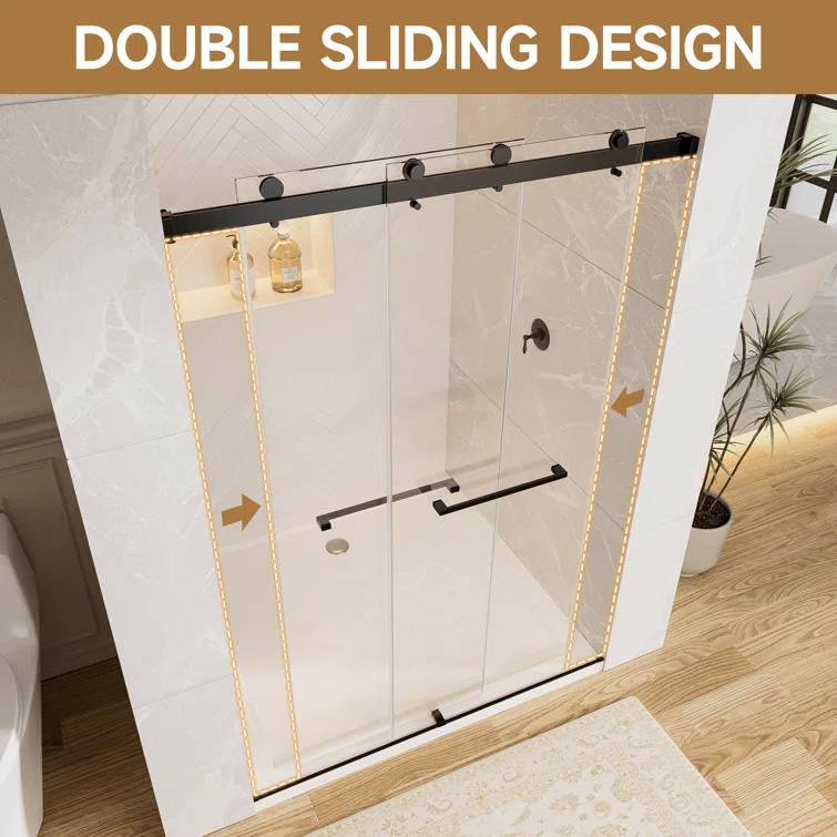 Rizzon 56-60 " W X 76 " H Double Sliding Frameless Shower Door  5/16" Tempered Glass, Stainless Steel Hardware | Wayfair