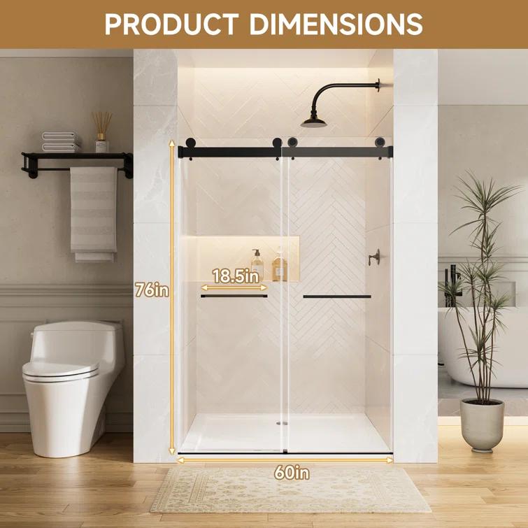 Rizzon 56-60 " W X 76 " H Double Sliding Frameless Shower Door  5/16" Tempered Glass, Stainless Steel Hardware | Wayfair