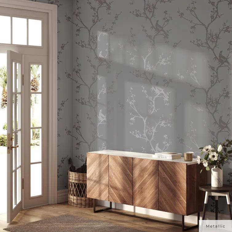 Tempaper & Co.® x Cynthia Rowley Bird Watching Removable Peel and Stick Wallpaper, Dove Gray, 56 sq ft: Vinyl, Self-Adhesive, Botanical