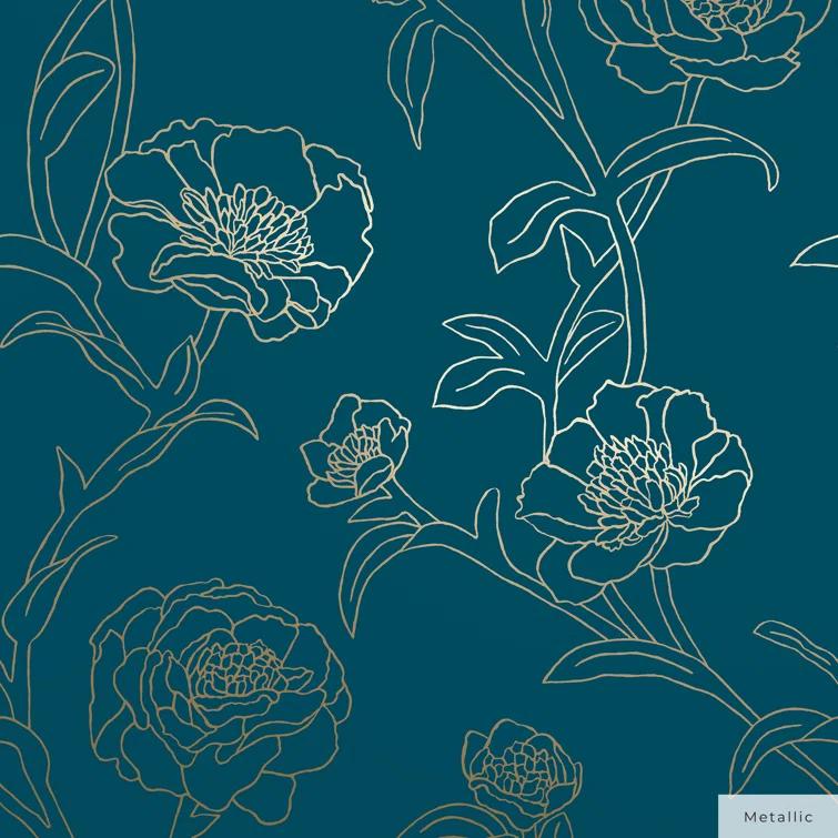 Tempaper & Co.® Peonies Removable Peel and Stick Wallpaper, Peacock Blue and Metallic Gold Floral, 28 sq. ft.: Vinyl Self-Adhesive