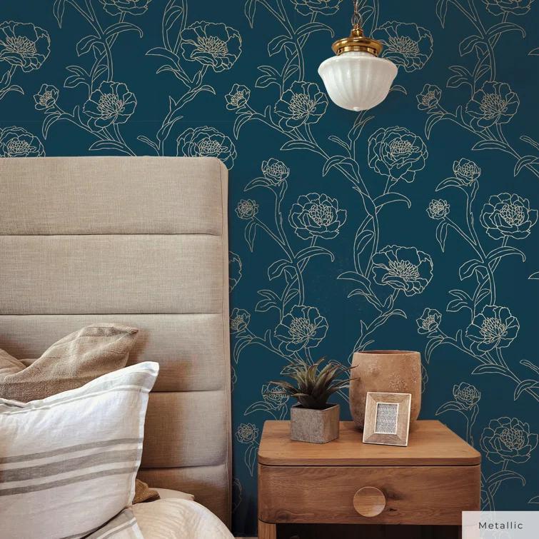Tempaper & Co.® Peonies Removable Peel and Stick Wallpaper, Peacock Blue and Metallic Gold Floral, 28 sq. ft.: Vinyl Self-Adhesive