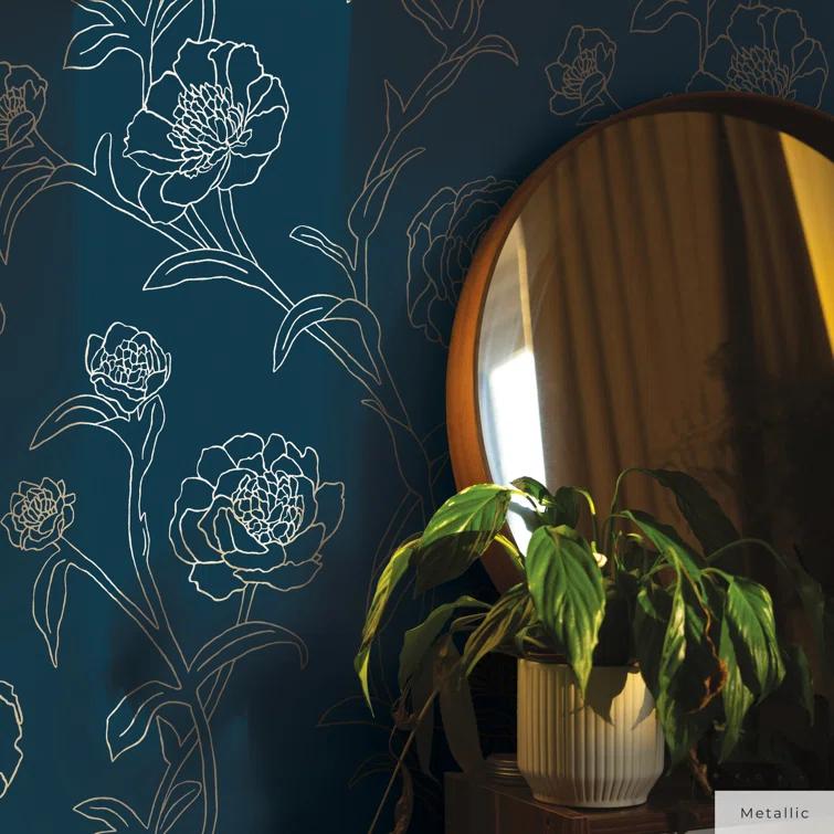 Tempaper & Co.® Peonies Removable Peel and Stick Wallpaper, Peacock Blue and Metallic Gold Floral, 28 sq. ft.: Vinyl Self-Adhesive