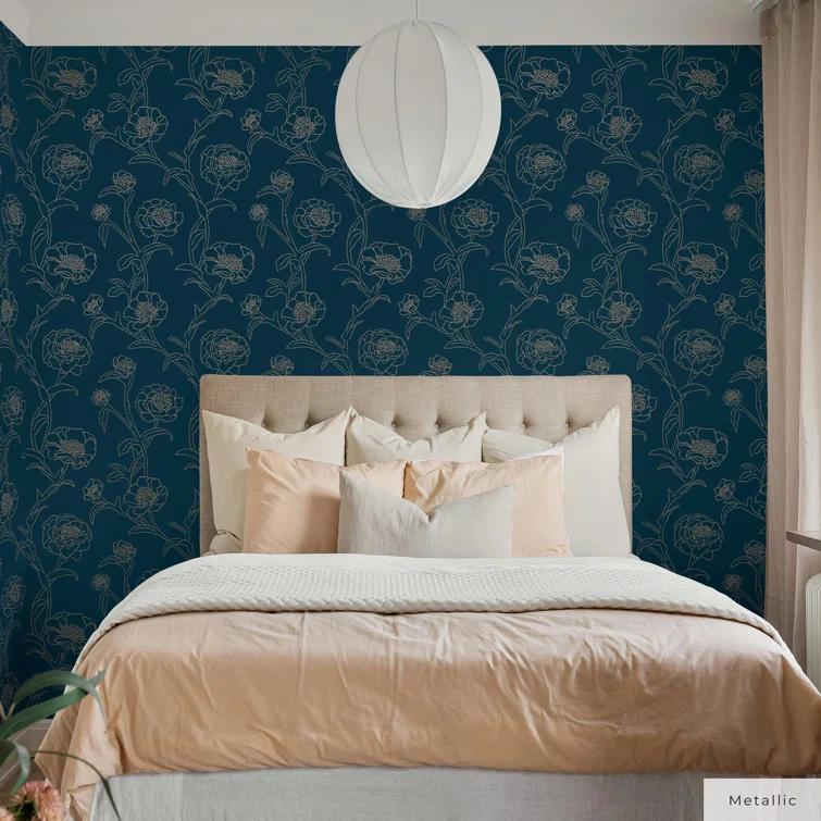 Tempaper & Co.® Peonies Removable Peel and Stick Wallpaper, Peacock Blue and Metallic Gold Floral, 28 sq. ft.: Vinyl Self-Adhesive
