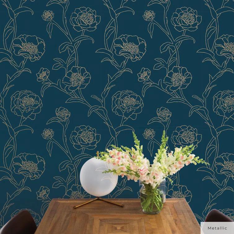 Tempaper & Co.® Peonies Removable Peel and Stick Wallpaper, Peacock Blue and Metallic Gold Floral, 28 sq. ft.: Vinyl Self-Adhesive