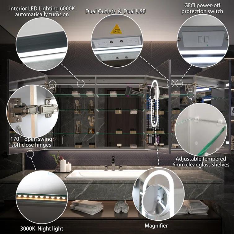 MEDUNJESS 72''x36'' Surface or Recessed Mount LED Medicine Cabinet with Mirror and Defogger 3 doors Medicine Cabinet
