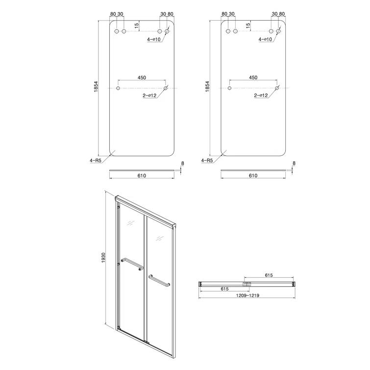 Shower Door 48" W X 76"H Semi-Frameless Bypass Sliding Shower Enclosure