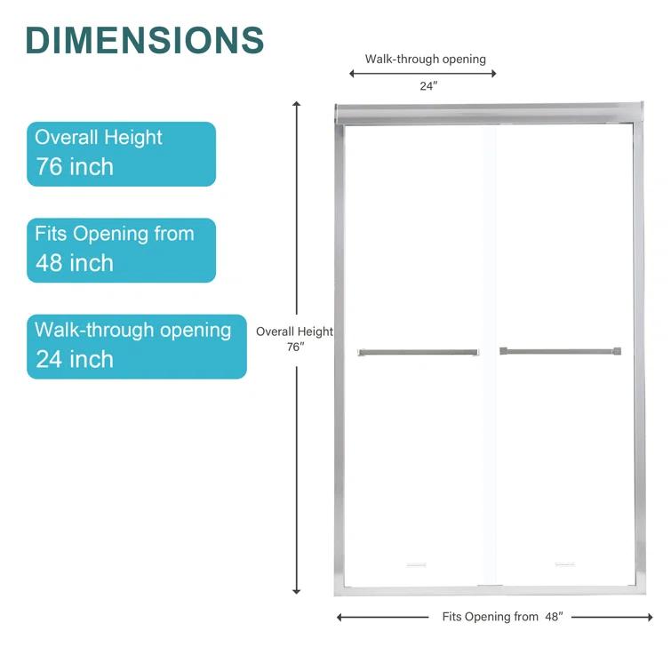 Shower Door 48" W X 76"H Semi-Frameless Bypass Sliding Shower Enclosure