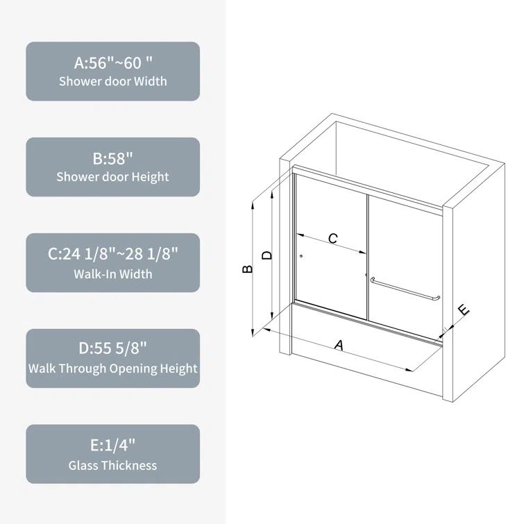 Bypass Shower Door, Sliding Door, With 1/4" Tempered Glass