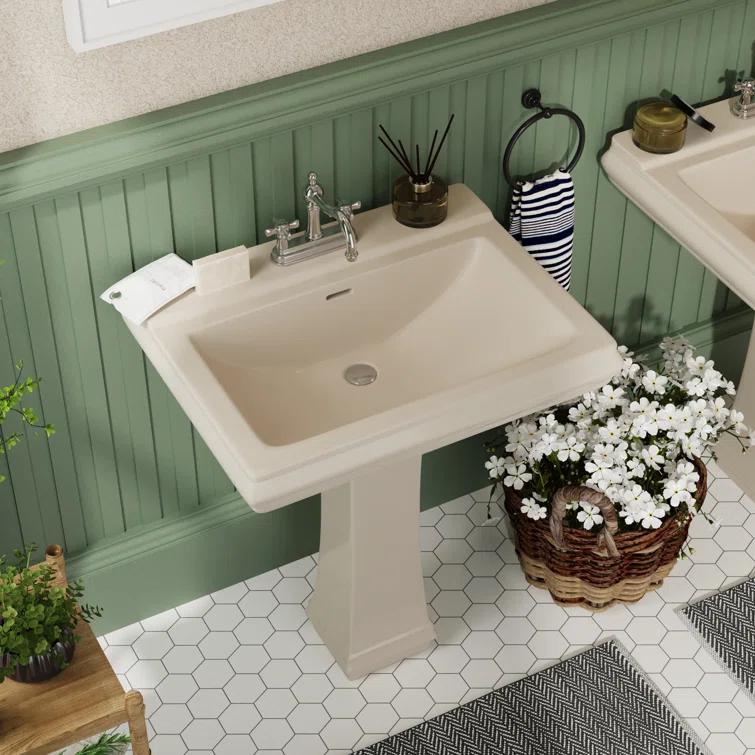 DeerValley Apex 34" Tall Rectangular Vitreous China Pedestal Bathroom Sink with Overflow DV-1P521