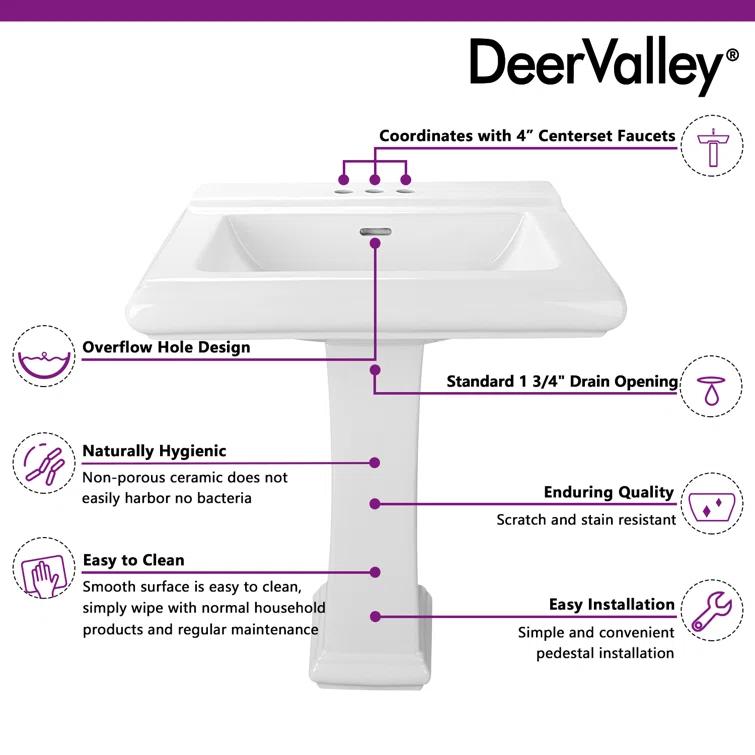 DeerValley Apex 34" Tall Rectangular Vitreous China Pedestal Bathroom Sink with Overflow DV-1P521