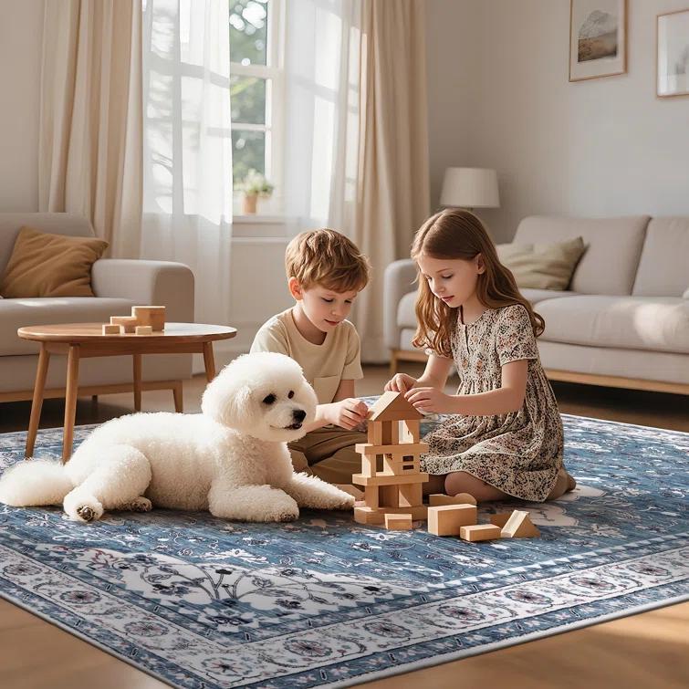 Machine Washable Non-Slip Blue Oriental Area Rug