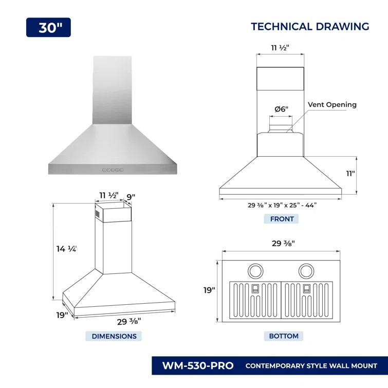 Hauslane 30" Stainless Steel Convertible Wall Range Hood with Baffle Filter