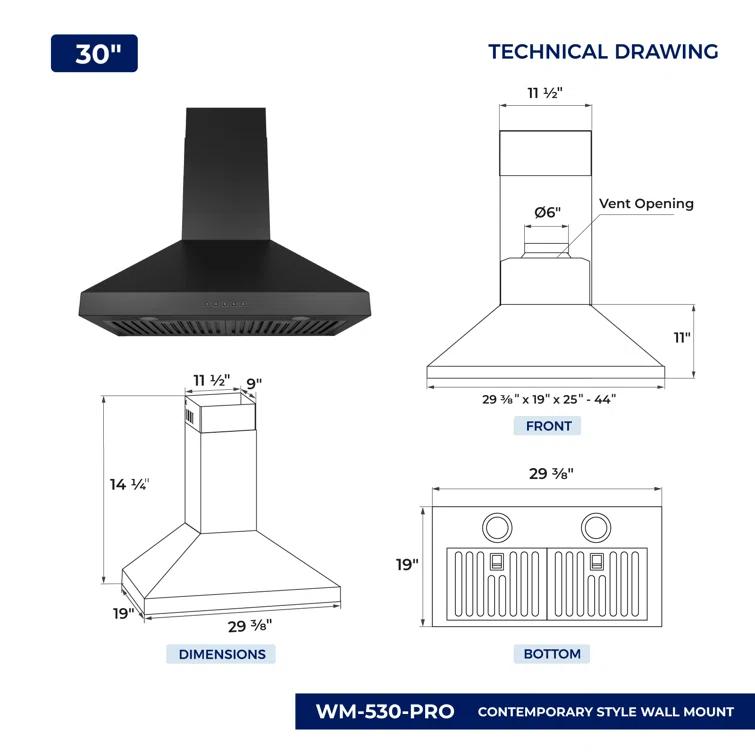 Hauslane 30" Stainless Steel Convertible Wall Range Hood with Baffle Filter