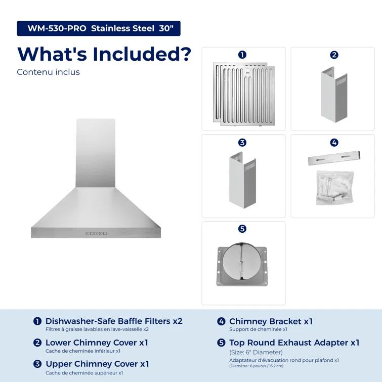 Hauslane 30" Stainless Steel Convertible Wall Range Hood with Baffle Filter