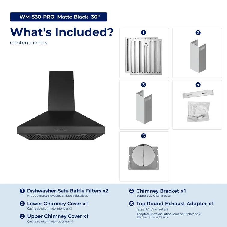 Hauslane 30" Stainless Steel Convertible Wall Range Hood with Baffle Filter