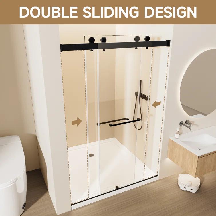 Rizzon 56-60 " W X 76 " H Double Sliding Frameless Shower Door  5/16" Tempered Glass, Stainless Steel Hardware | Wayfair