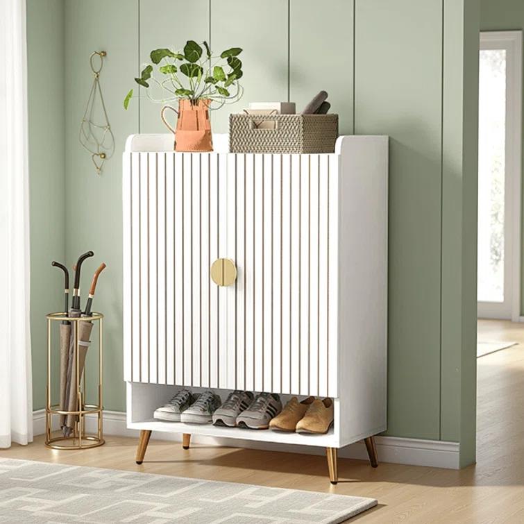 Shoe Cabinet, 2 Doors, 6 Tier Shelves, Gold Metal, White 43 Inch