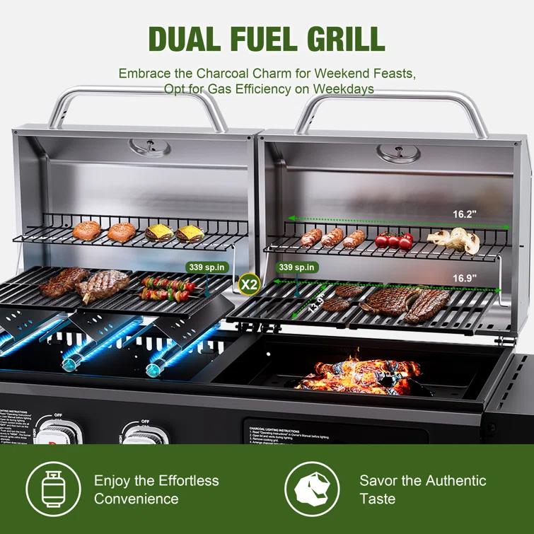 Brand-man Propane Gas Grill And Charcoal Grill Combo,grill And Griddle Combo Dual Fuel Bbq Grill With Dual Lids For Outdoor Barbecue