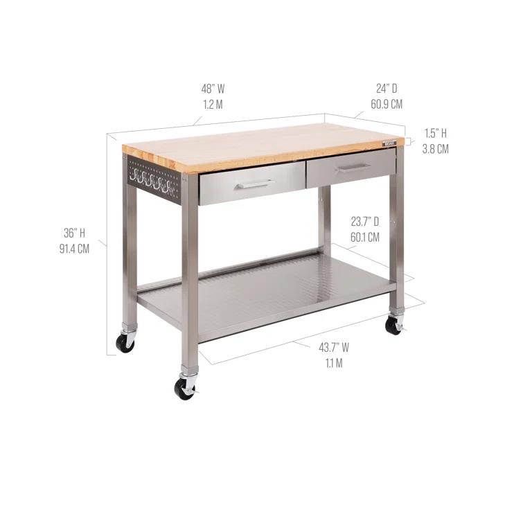 48'' Wide Stainless Steel Kitchen Rolling Cart Island with Solid Wood Top