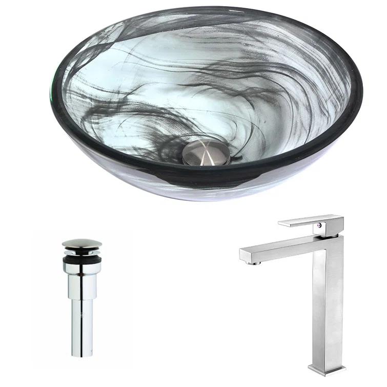 ANZZI Mezzo 16.5'' Emerald Wisp Tempered Glass Circular Bathroom Sink with Faucet