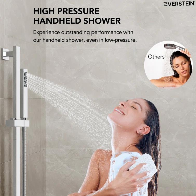 EVERSTEIN DualJetSpa 10-Inch High-Pressure Rainfall Shower Faucet with Handheld Spray, Wall Mount Dual Showerheads System with Slide Bar and Rough-in Valve SFS-1059-CH10