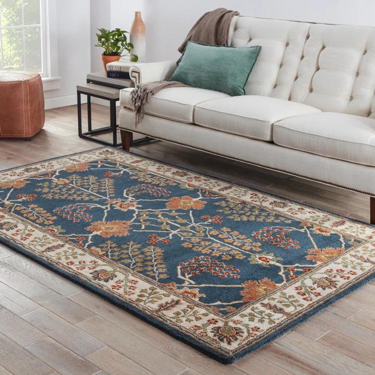 Poeme Wool Area Rug in Dark Blue/Cream/Orange