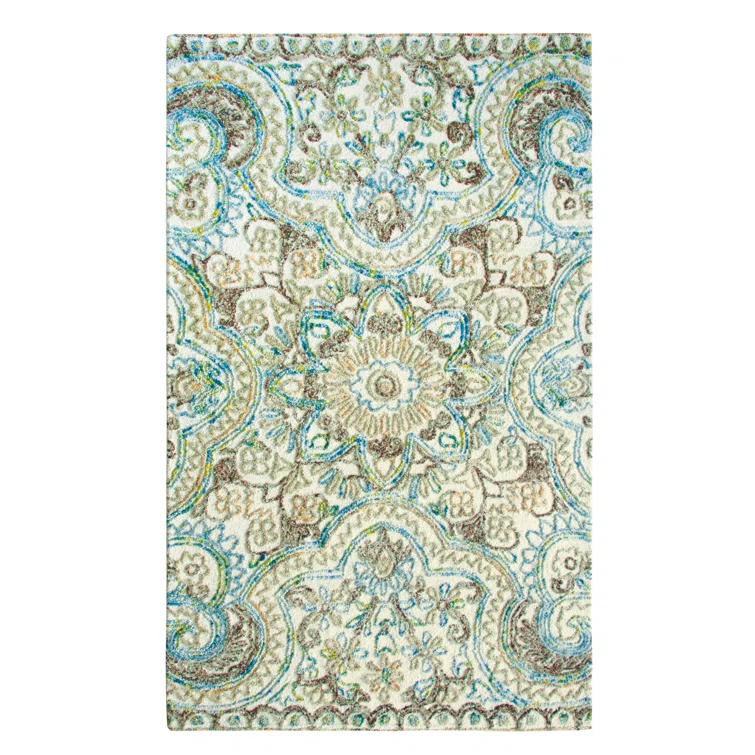 Agra Damask Handmade Tufted Wool Beige/Blue Area Rug
