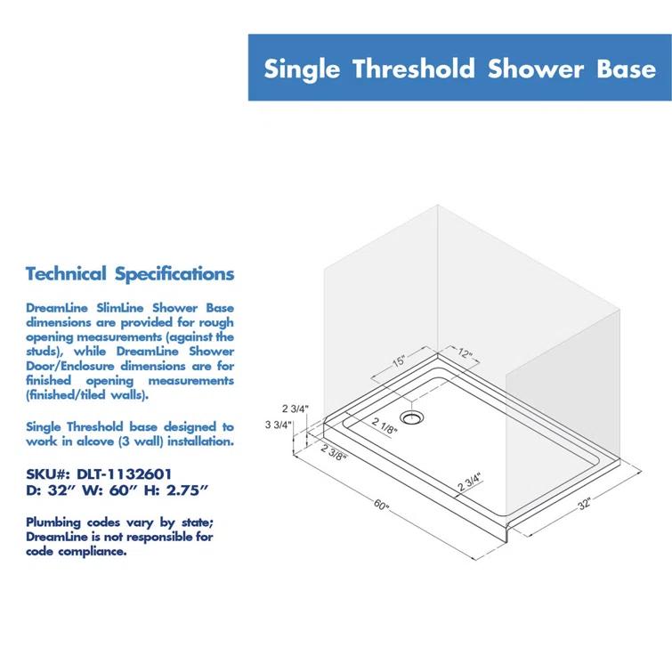 SlimLine 60" x 34" Single Threshold Shower Base