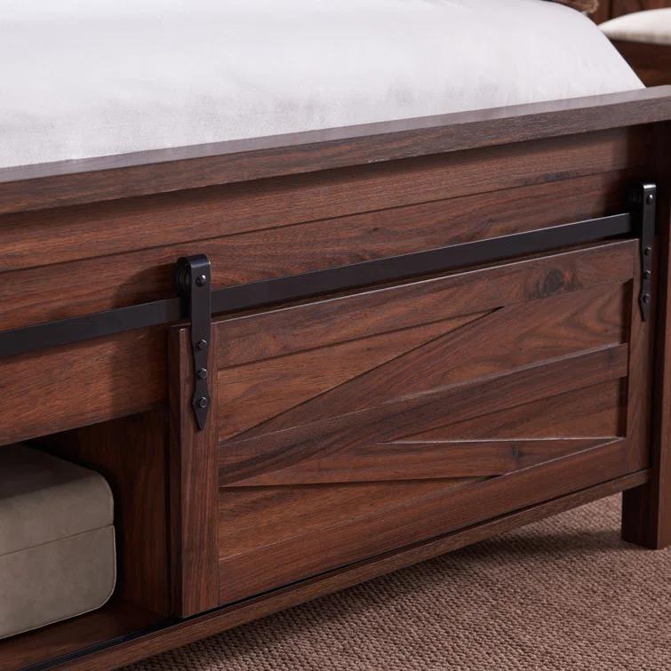 Argana Farmhouse Wood Bed Frame with Headboard and Sliding Barn Door Storage Cabinets