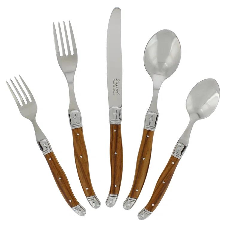 20pc Stainless Steel Laguiole Wood Grain Flatware Set Brown - French Home: Silverware Set, Ergonomic Grip, Service for 4