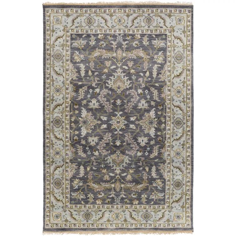 Hand-Knotted Blue and Charcoal Wool Rectangular Rug