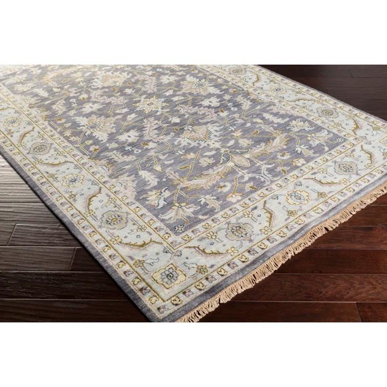 Hand-Knotted Blue and Charcoal Wool Rectangular Rug