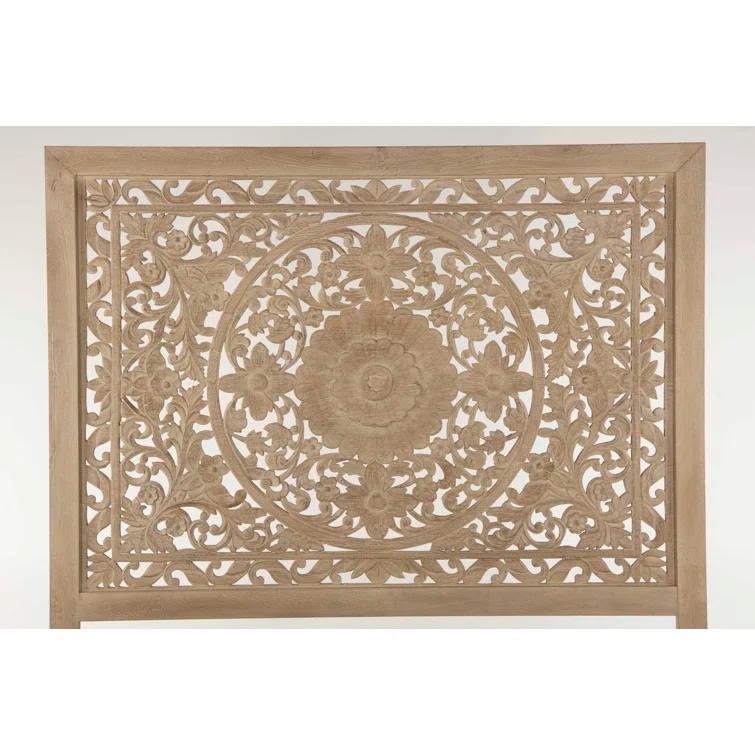 Transitional Heirloom Mango Wood Queen Platform Bed with Carved Headboard