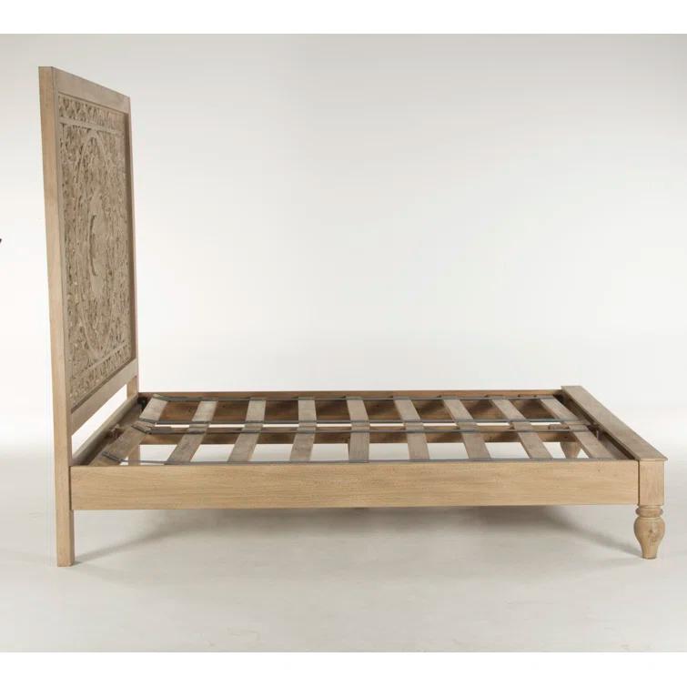 Elegant Floral Carved King Platform Bed in Light Brown