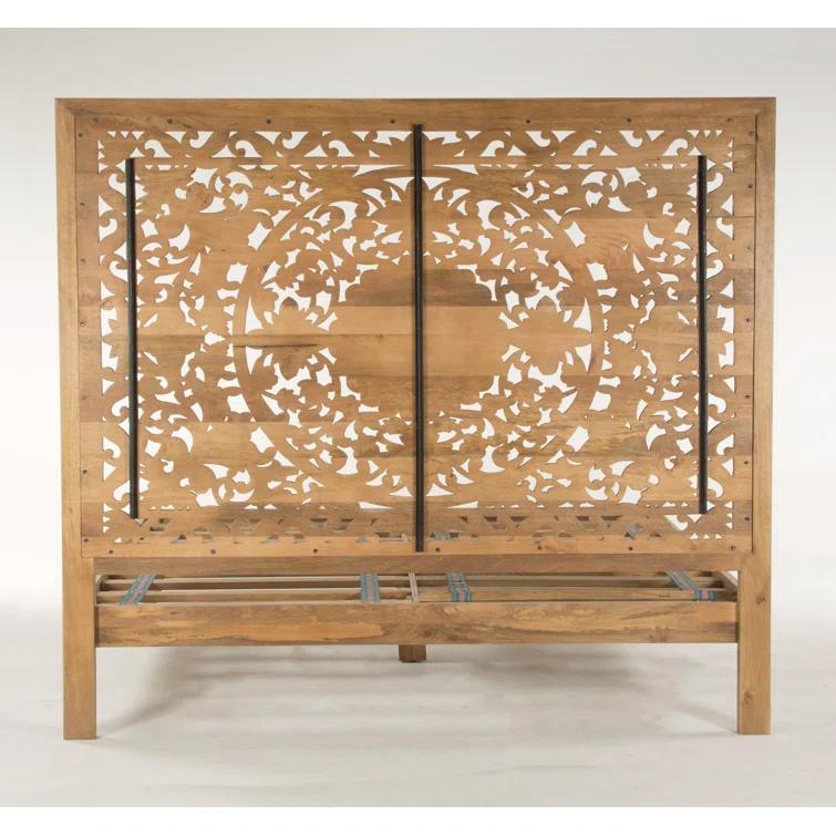Elegant Floral Carved King Platform Bed in Light Brown