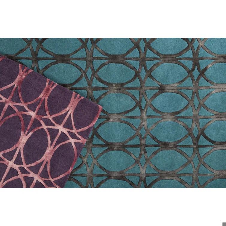 Angelo Authentic Hand-Tufted Handmade Gray Modern Geometric Overlapping Circular Design on Teal Wool Area Rug