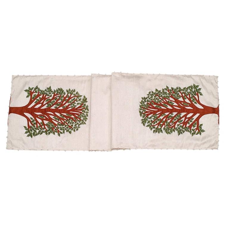 Arcadia Home Silk Table Runner with Tree of Life Embroidery and Hand Beading - 18x72"