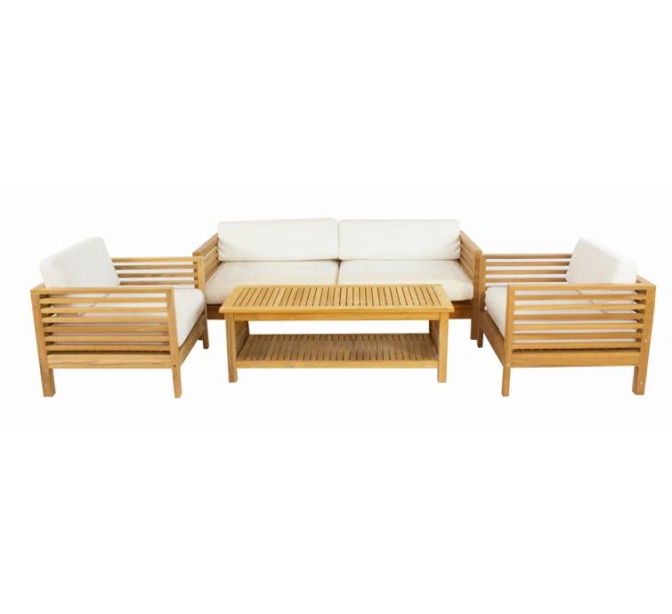 Summer Natural Teak Patio Sofa Set with White Sunbrella Cushions