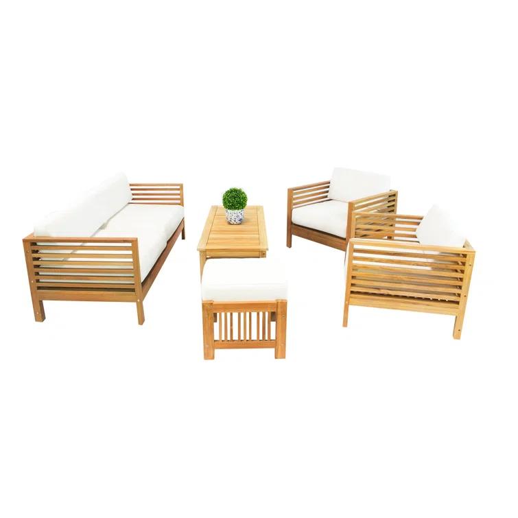 Summer Natural Teak Patio Sofa Set with White Sunbrella Cushions