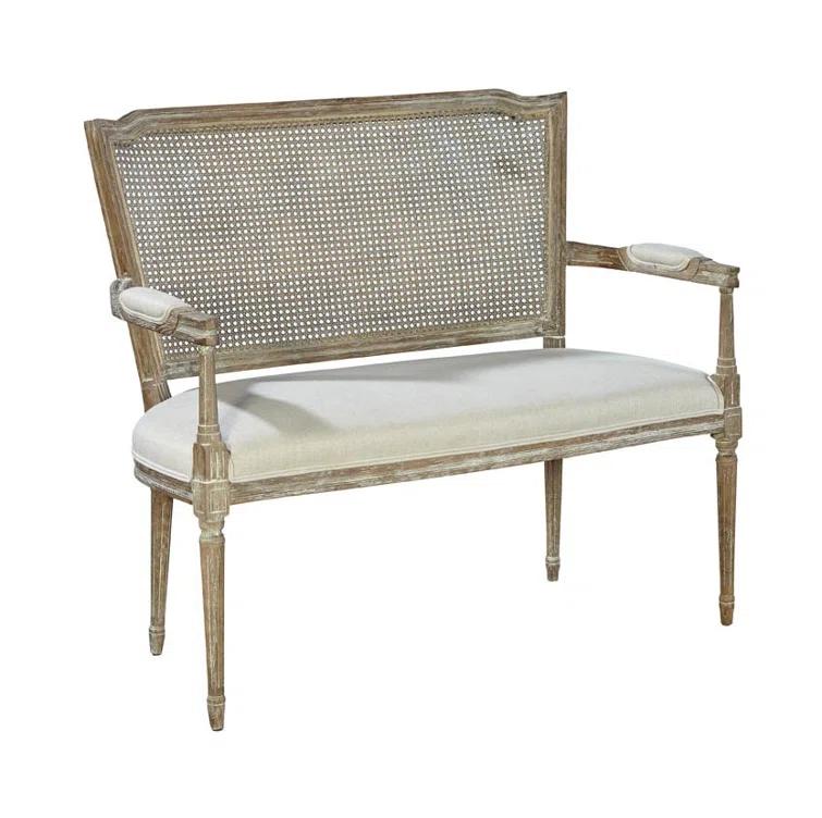 Vineland Victorian Oak & Cane Settee with Linen Upholstery