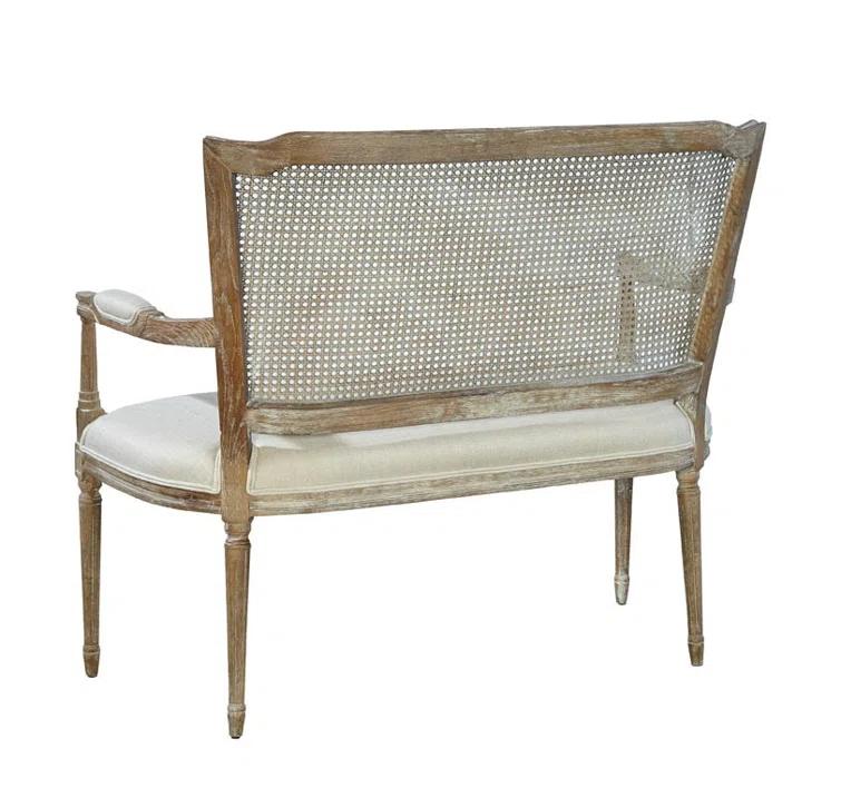 Vineland Victorian Oak & Cane Settee with Linen Upholstery