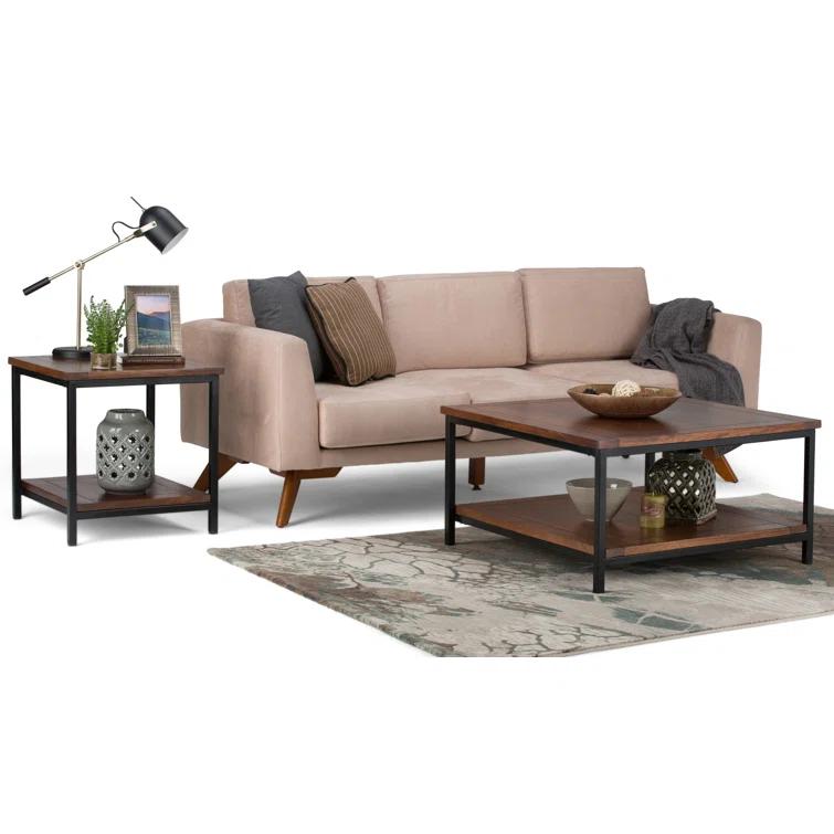 Simpli Home Skyler 34"W Solid Mango Wood Industrial Square Coffee Table with Open Shelf and Metal Frame