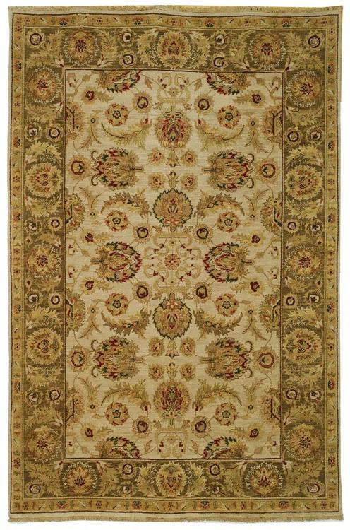 Ivory and Green Hand-Knotted Wool 8' x 10' Area Rug